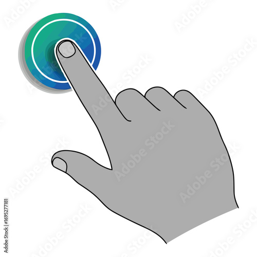 Art of closeup of a human finger pressing a glowing blue and green button, isolated on white background