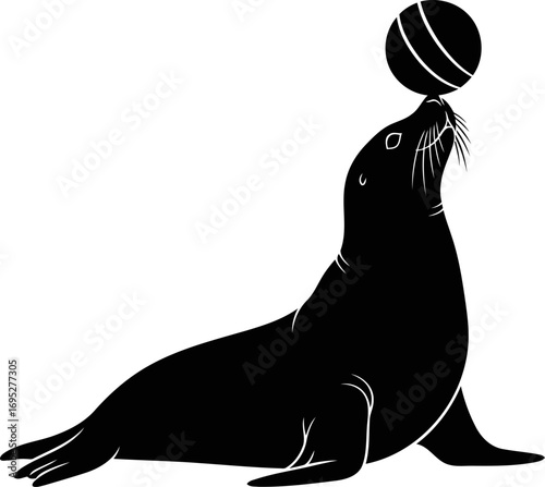 sea lion silhouette balancing act, circus seal, playful icon, isolated on transparent background