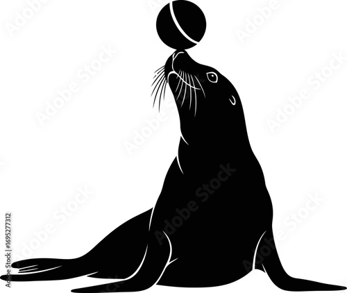 sea lion silhouette balancing ball circus act, coastal charm, playful marine mammal, isolated on transparent background