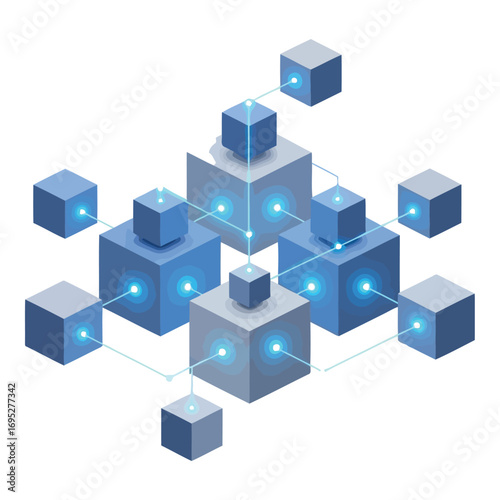 Art of an abstract representation of a digital network with interconnected blue cubes and glowing lines, isolated on white background