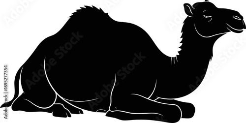 serene camel silhouette desert nomad, resting posture, peaceful oasis symbol, isolated on transparent background