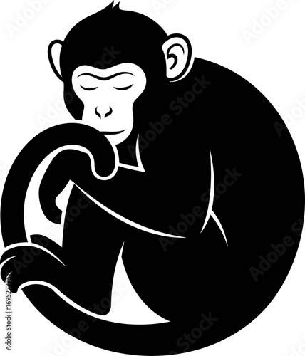 serene chimpanzee silhouette peaceful primate, tranquil pose, emblem of quiet contemplation, isolated on transparent background