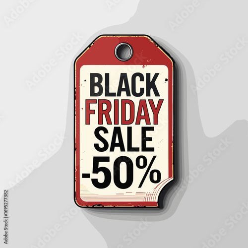Black Friday sale tag with 50% discount on red background retro style 