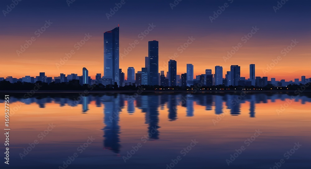 Obraz premium Cityscape Sunset: Serene Silhouette Reflections in Calm Waters
