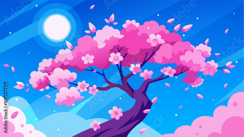 A symphony of color and light the cherry blossom grove shines with a brilliant pink hue against the bright blue sky.
