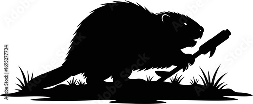 silhouette of a beaver with a branch natures engineer at work, a symbol of industriousness and untamed wilderness, isolated on transparent background