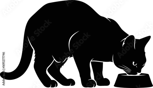silhouette of a hungry cat a simple black feline feasting gracefully, isolated on transparent background