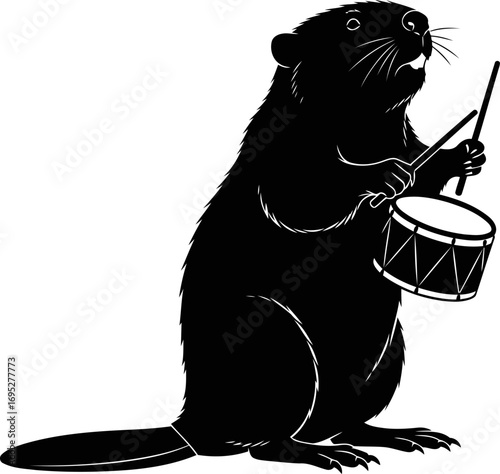 silhouette of a musical beaver a drumming maestros rhythmic rhapsody, isolated on transparent background