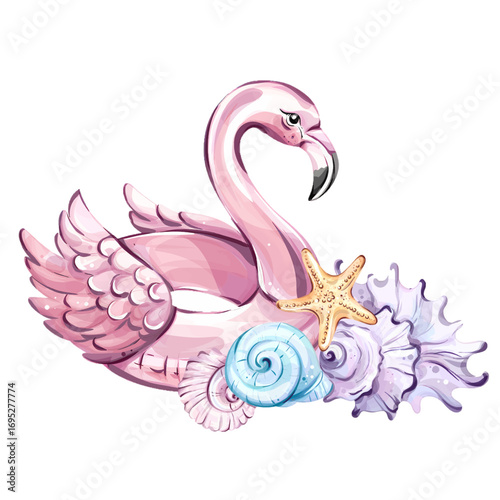 Enjoy summer vibes with a playful pink flamingo among seashells, starfish, and ocean treasures perfect for beach getaways