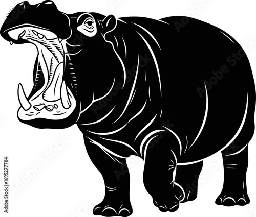 silhouette of a mighty hippopotamus open mouth, african power, and wild majesty, isolated on transparent background