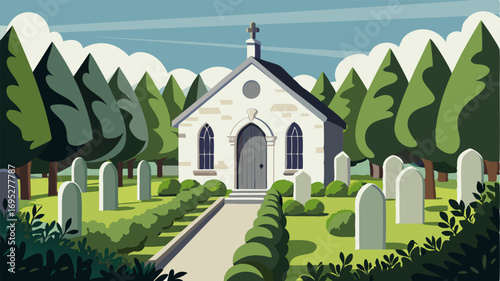 A small whitewashed country churchyard is framed by rows of neatly trimmed hedges and ivycovered walls.