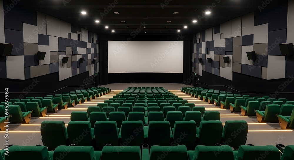 Naklejka premium Empty modern cinema auditorium with rows of plush green seats and a large blank screen awaiting viewers