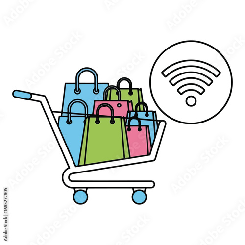 Art of shopping cart filled with colorful bags next to a wifi symbol, isolated on white background