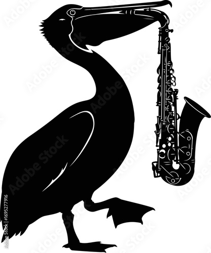silhouette pelican saxophone player coastal jazz art, isolated on transparent background