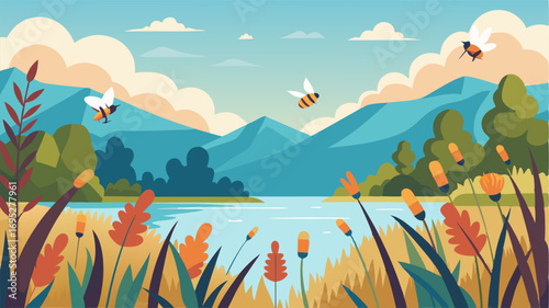 A serene image of a lakeside meadow alive with the buzzing of bees and the gentle rustling of tall grasses in the breeze.