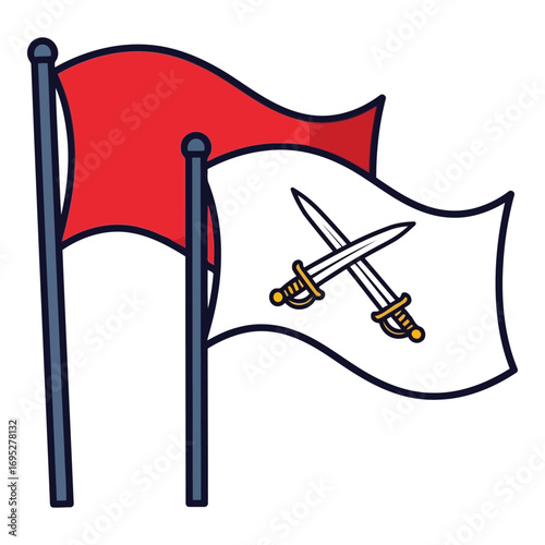Art of two flags, one red and one white with crossed swords, symbolizing danger or conflict, isolated on white background