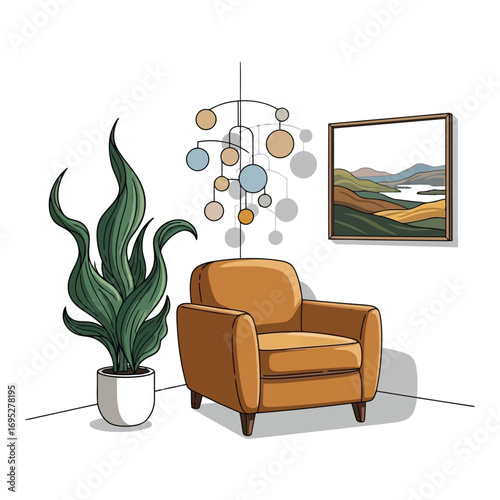 Art of cozy armchair next to a lush houseplant and abstract mobile, with landscape art on wall, isolated on white background