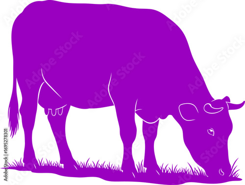 violet cow silhouette serene grazing, peaceful meadow, farm animal art, isolated on transparent background