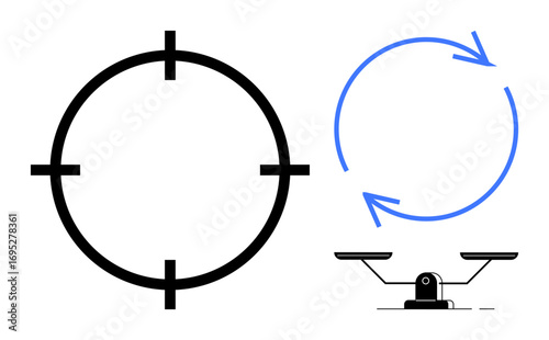 Crosshair marking focus, blue circular arrows for continuity, and simple balance scale for fairness. Ideal for efficiency, strategy, justice, planning, process accuracy balance. Simple flat