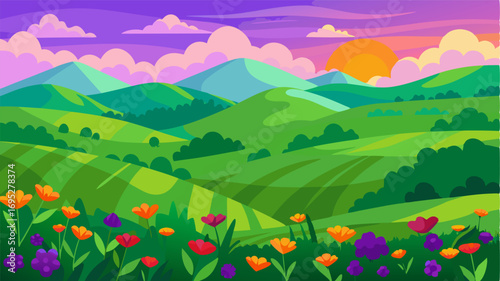 A verdant landscape of gently rolling hills covered in a blanket of lush green grass with pops of vibrant purple and fiery orange wildflowers tered throughout.