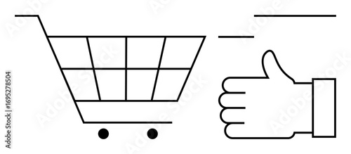 Outline of a shopping cart and thumbs-up hand gesture signify approval, trust, and quality. Ideal for e-commerce, online shopping, customer satisfaction, product reviews, business growth, trust