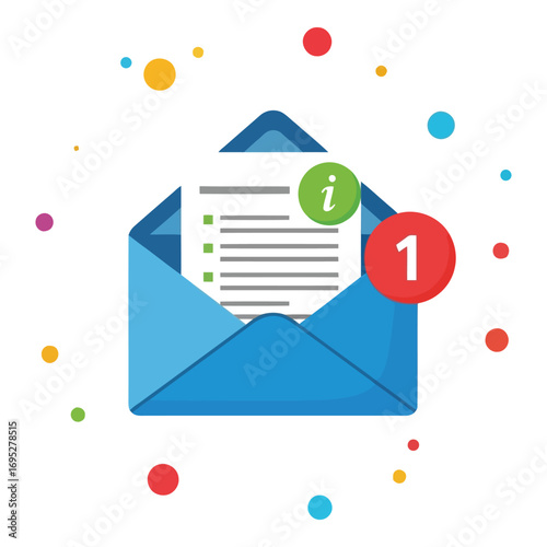 Art of open envelope with a document inside, notification icon, and a number one badge, representing new email or important information