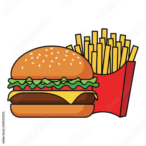 Art of a delicious hamburger with all the fixings served alongside a portion of crispy french fries in a red carton
