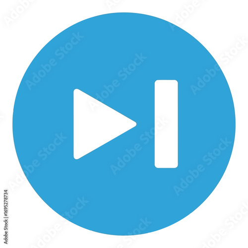 Art of blue circular play button with a next track symbol, isolated on white background