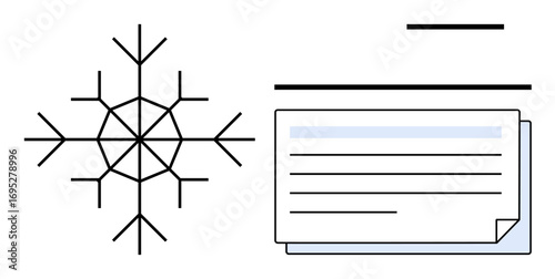 Snowflake next to stacked documents, representing uniqueness, organization, creativity, order, and innovation. Ideal for data, individuality, documentation systems processing creativity winter