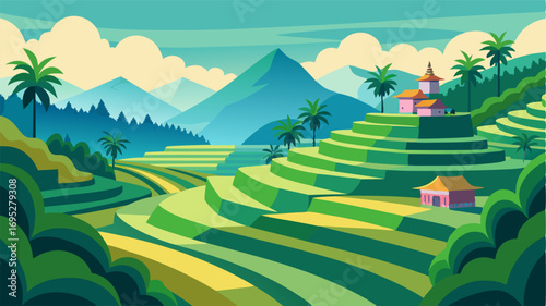 Lush greenery surrounds the rice terraces creating a peaceful oasis in the midst of the bustling Asian countryside.