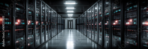 High-tech server room data enter with rows of compute racks storing vast amount of information. Mainframeservers process complex alorithms in a secure, climae-controlled environment.