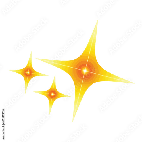 Art of three bright yellow starbursts with a glowing effect, isolated on white background