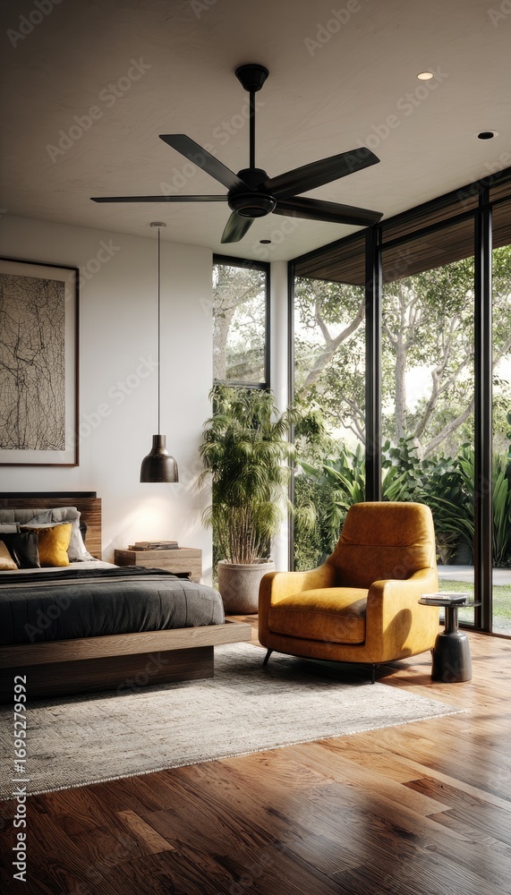 Fototapeta premium A modern bedroom boasts warm hardwood floors, a mustard yellow armchair, and large windows overlooking a lush garden.