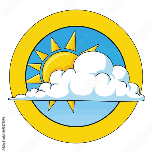 Art of sun partially hidden by a cloud in a blue sky, representing partly cloudy weather conditions, isolated on white background