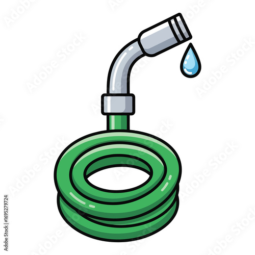 Art of green garden hose with a water drop falling from the nozzle, isolated on white background