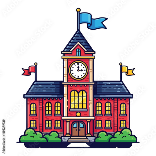 Art of red brick school building with clock tower and flags isolated on white background