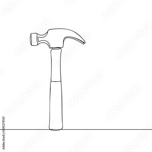 A minimalist continuous line art drawing of a classic claw hammer, representing construction, repair, and DIY projects with elegant simplicity.