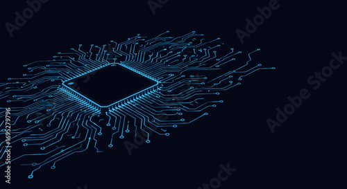 Abstract illustration of a microchip on a dark blue background with glowing lines
