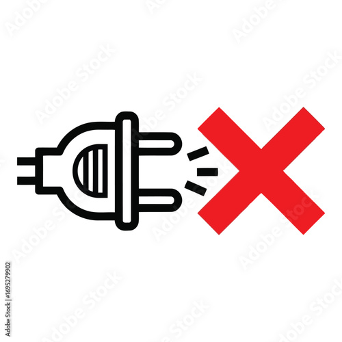 Art of an electrical plug with its prongs disconnected from a socket, marked with a red cross symbol indicating no connection, isolated on white background