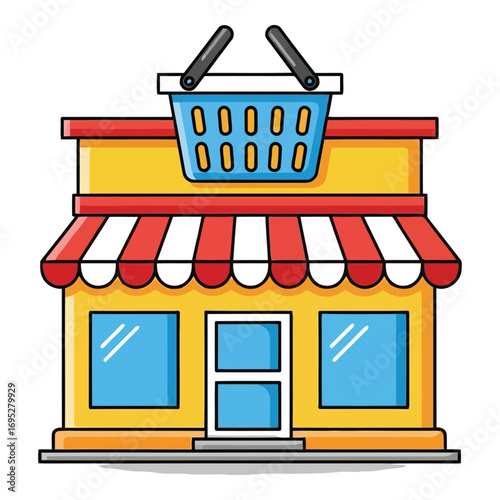 Art of a stylized cartoon shop with a blue shopping basket on top, featuring windows, a door, and red and white striped awnings, isolated on white background