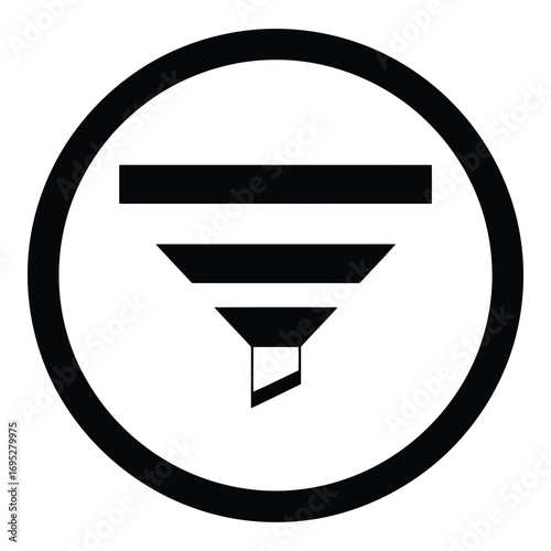 Art of black funnel icon symbolizing data filtering, process refinement, and information selection, isolated on white background