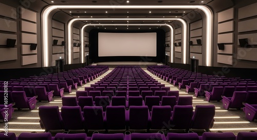 Modern cinema theater rows of plush seats and large screen for film entertainment