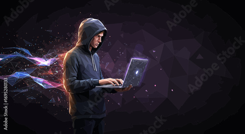 Digital age hacker with a laptop, illustrating cybersecurity and data breach