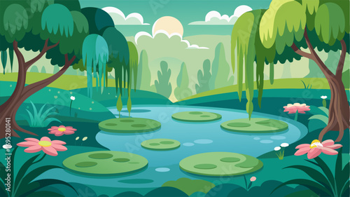 A serene pond surrounded by weeping willows and blooming water lilies.