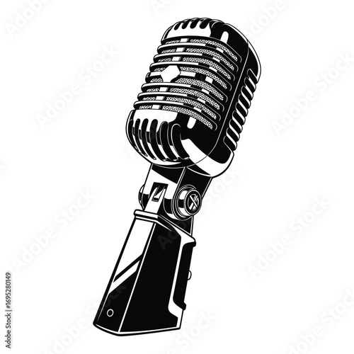 Art of vintage microphone isolated on white background for music, audio, and retro design projects and classic broadcasting communication