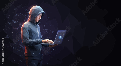 Low polygon hooded hacker with laptop illustrating cybersecurity threat concept
