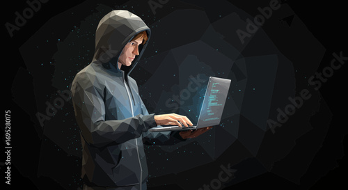 Digital Intrusion: A Hacker's Low Poly Design with Laptop and Dark Background