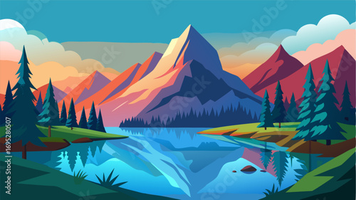 A serene lake rests at the base of the mountain reflecting the vivid colors of the forest and creating a peaceful oasis in the midst of the rugged landscape.