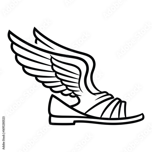 Art of winged sandal icon isolated on white background, symbolizing speed, swiftness, and the concept of flight and motion in a minimalist design
