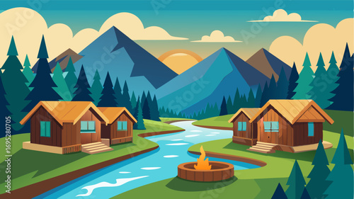 A series of wooden cabins tered along a winding river each with its own private hot tub overlooking the tranquil landscape.